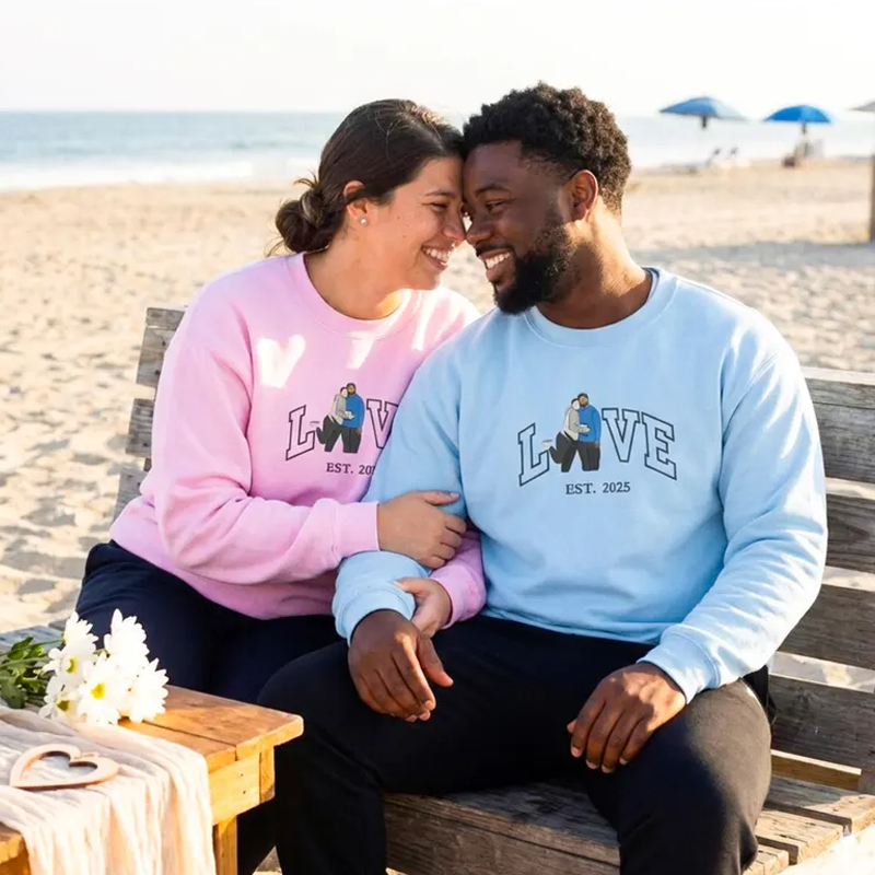 Custom Couple Embroidered Sweatshirt from Photo Personalized Picture Portrait Hoodie with Love and Est Year Couple Valentine Gifts