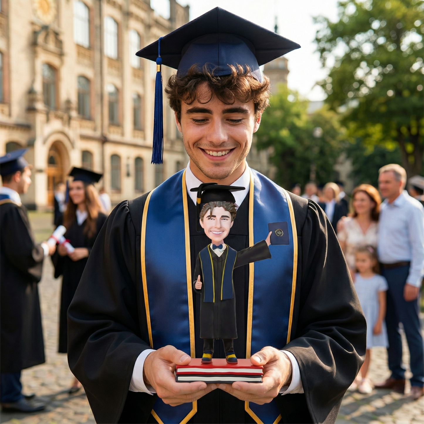Custom Graduation Man Bobblehead Holding Diploma with Personalized Eng