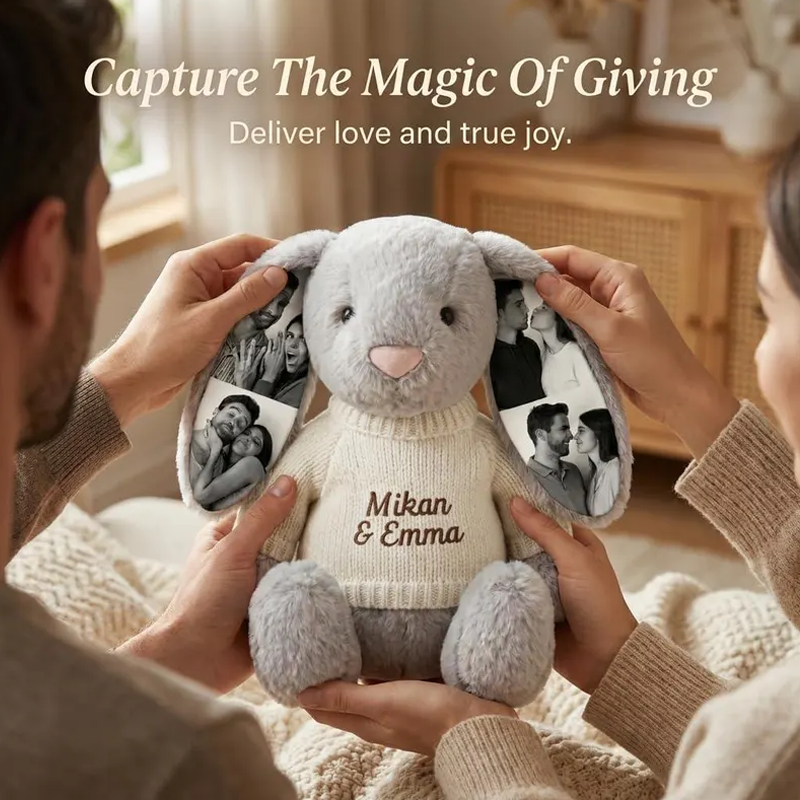 Personalized Photo Bunny Plush with Embroidered Name Sweater Custom Memory Stuffed Rabbit with 4 Photos Anniversary Gift for Couples