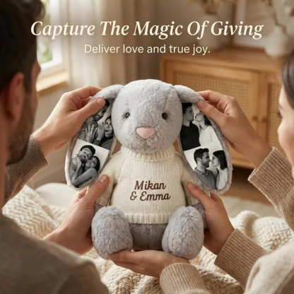 Personalized Photo Bunny Plush with Embroidered Name Sweater Custom Memory Stuffed Rabbit with 4 Photos Anniversary Gift for Couples
