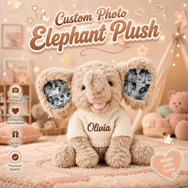 Personalized Photo Elephant Plush with Embroidered Name Custom 8 Pictures Ear Stuffed Elephant Anniversary Gift for Couples
