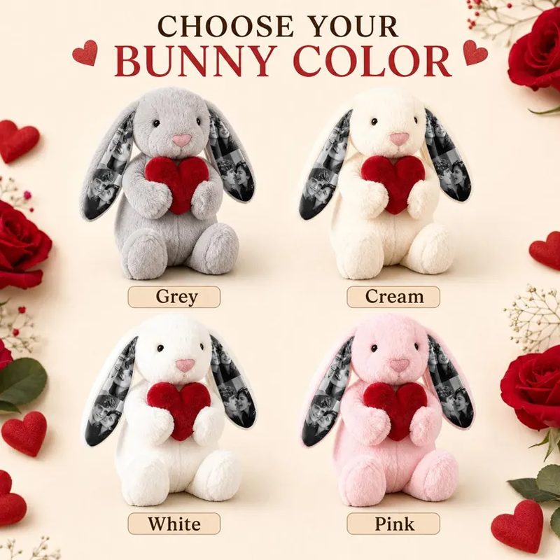 Personalized Photo Bunny Plush with Red Love Heart Custom Hidden Ear Picture Keepsake Stuffed Rabbit Anniversary and Valentine’s Day Gift for Couples