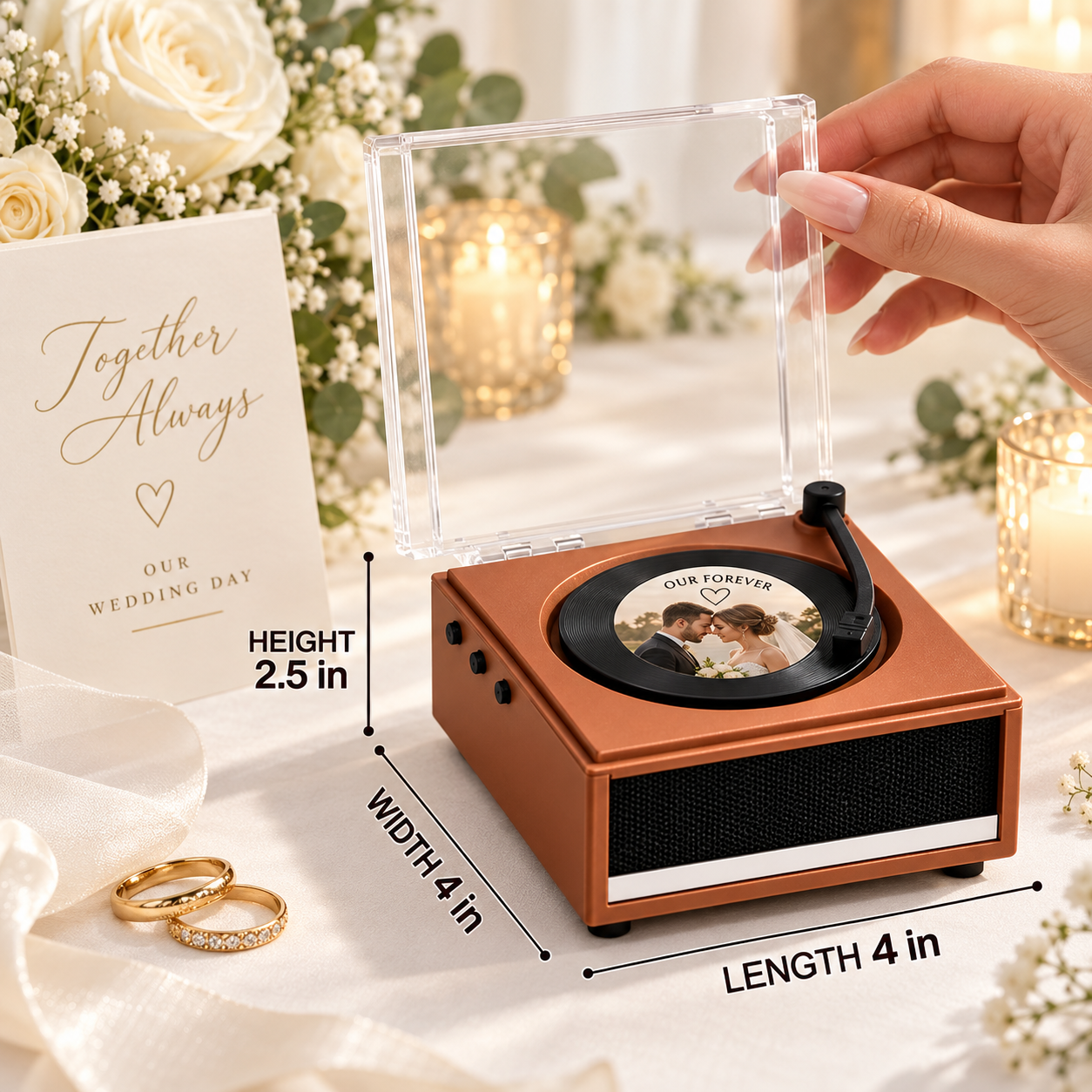 Personalized Photo and Whole Song Mini Vinyl Music Player with Custom Vinyl Records and Cover Wedding Anniversary Gift for Couples