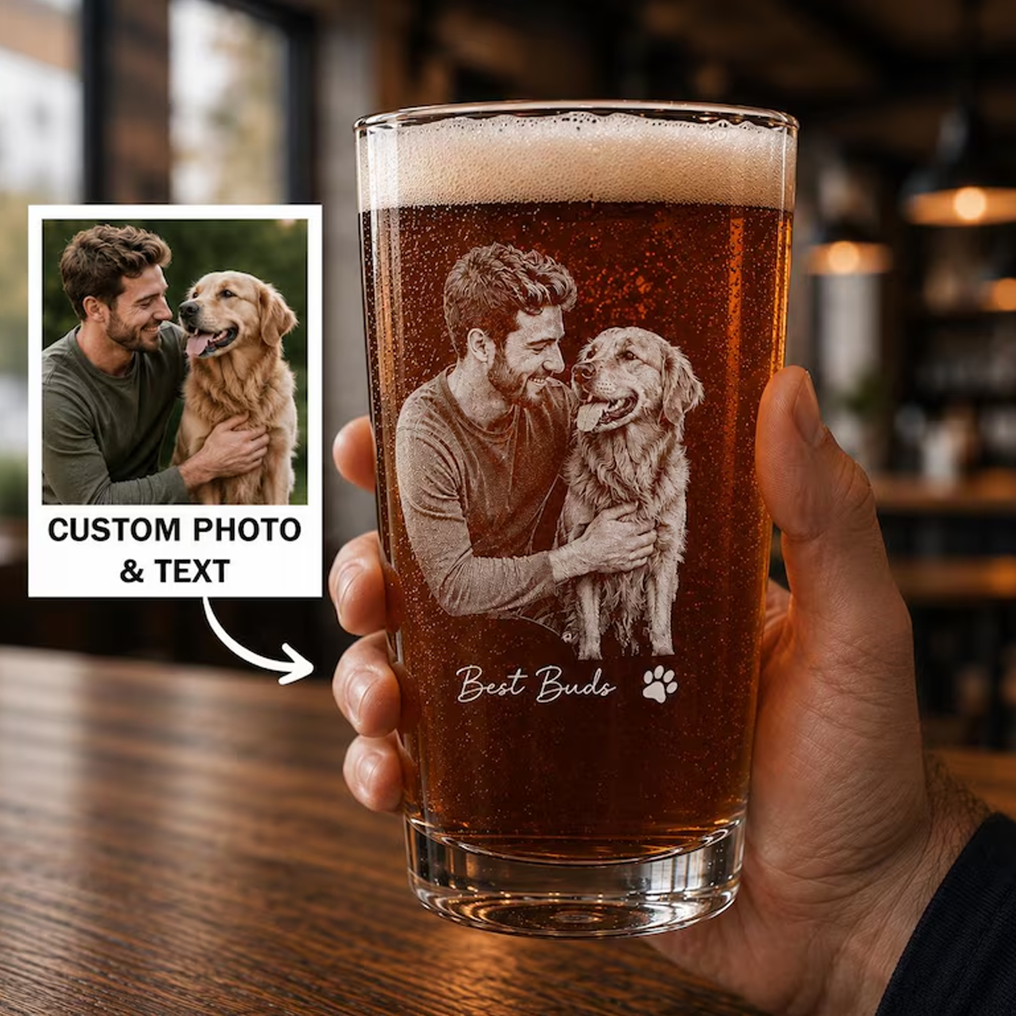 Personalized Photo Laser Etched Beer Pint Glass with Custom Text Engraved Dog Dad Glass Father’s Day Gift