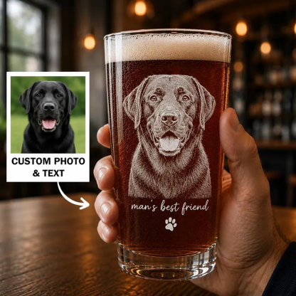 Personalized Photo Laser Etched Beer Pint Glass with Custom Text Engraved Dog Dad Glass Father’s Day Gift