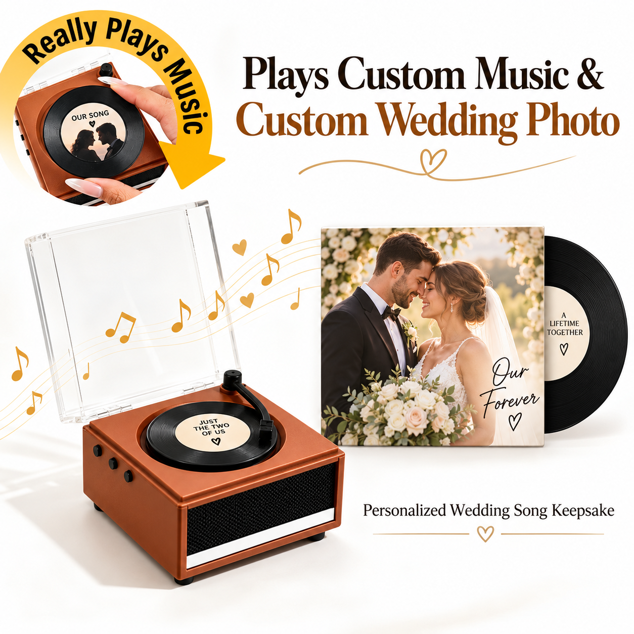 Personalized Photo and Whole Song Mini Vinyl Music Player with Custom Vinyl Records and Cover Wedding Anniversary Gift for Couples