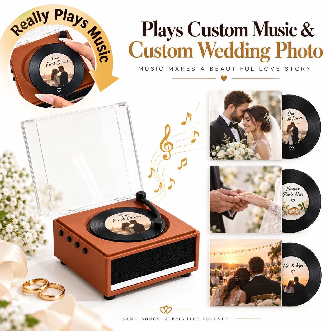 Personalized Photo and Whole Song Mini Vinyl Music Player with Custom Vinyl Records and Cover Wedding Anniversary Gift for Couples
