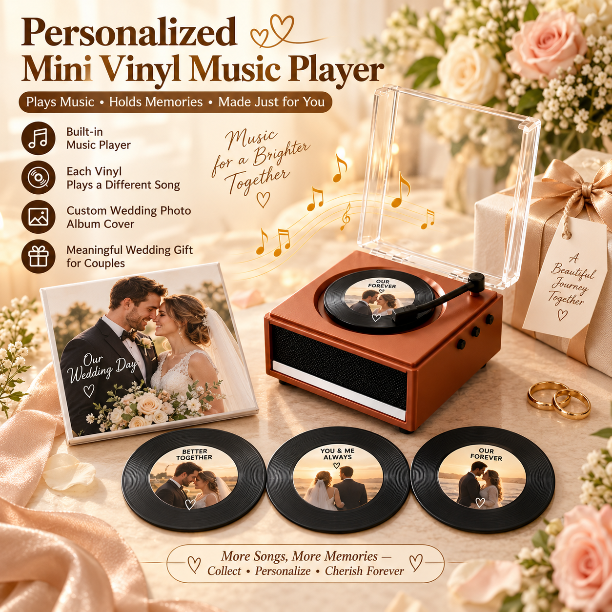 Personalized Photo and Whole Song Mini Vinyl Music Player with Custom Vinyl Records and Cover Wedding Anniversary Gift for Couples