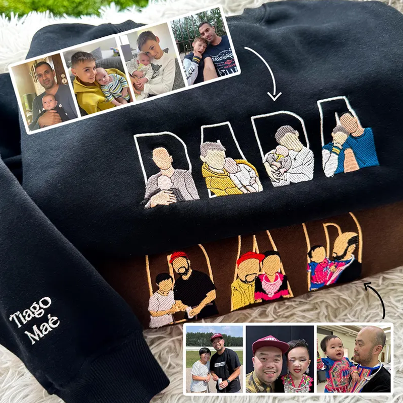 Custom Embroidered Portrait Photo Sweatshirt with Names on Sleeve Personalized Family Portrait Hoodie Gift for Dad Papa