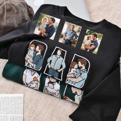 Custom Embroidered Portrait Photo Sweatshirt with Names on Sleeve Personalized Family Portrait Hoodie Gift for Dad Papa