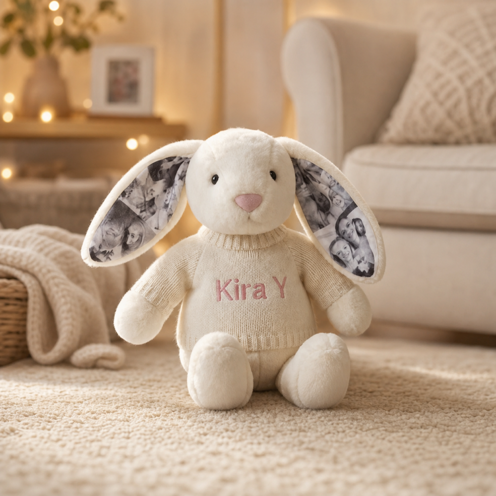 Personalized Photo Bunny Plush with Embroidered Name Sweater Custom Memory Stuffed Rabbit with 4 Photos Anniversary Gift for Couples