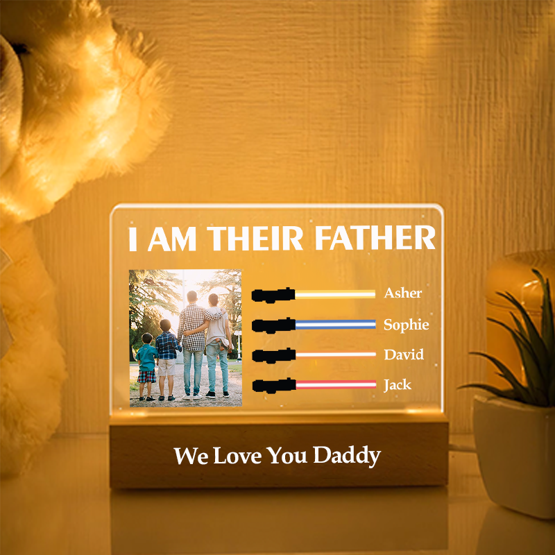 I Am Their Father Custom Photo Night Light with Kids Names Personalized Lightsaber Sign Gifts for Dad