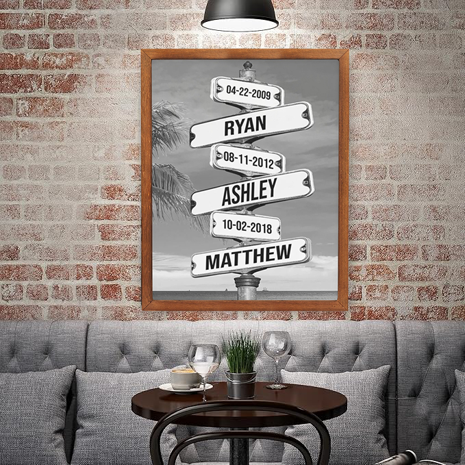 Personalized Family Names & Date of Birth Vintage Street Sign Canvas Custom Multi-Name for Family (with frame)