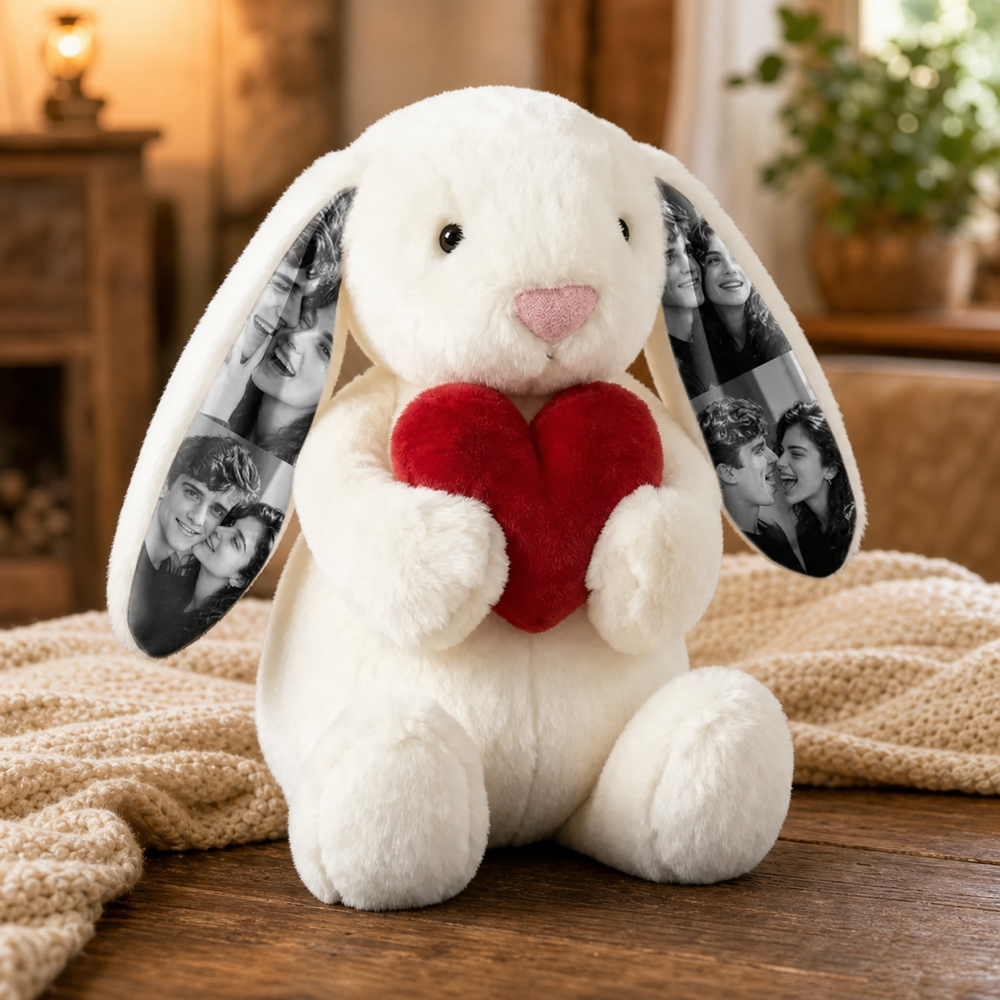 Personalized Photo Bunny Plush with Red Love Heart Custom Hidden Ear Picture Keepsake Stuffed Rabbit Anniversary and Valentine’s Day Gift for Couples
