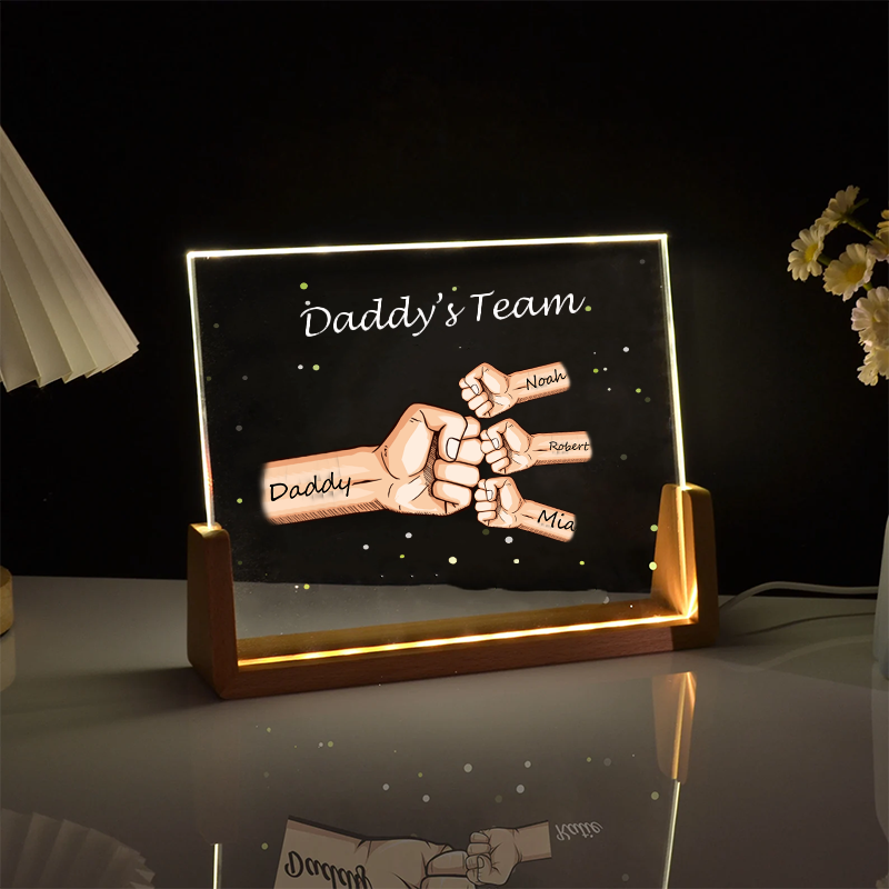 Custom Daddy's Team Fist Bump Acrylic Night Light with Kids Names Fathers Day Gift for Dad