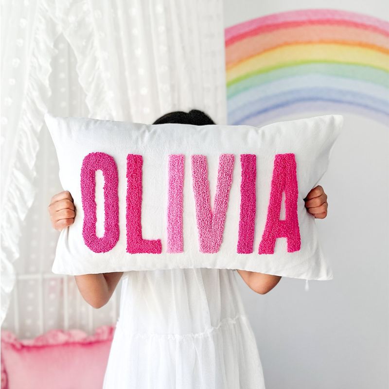 Handmade Personalized Name Embroidered Pillow Punch Needle Name Pillow Baby Girl Nursery Pillow New Baby Gift