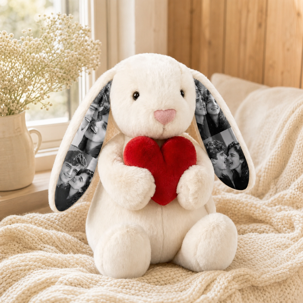 Personalized Photo Bunny Plush with Red Love Heart Custom Hidden Ear Picture Keepsake Stuffed Rabbit Anniversary and Valentine’s Day Gift for Couples