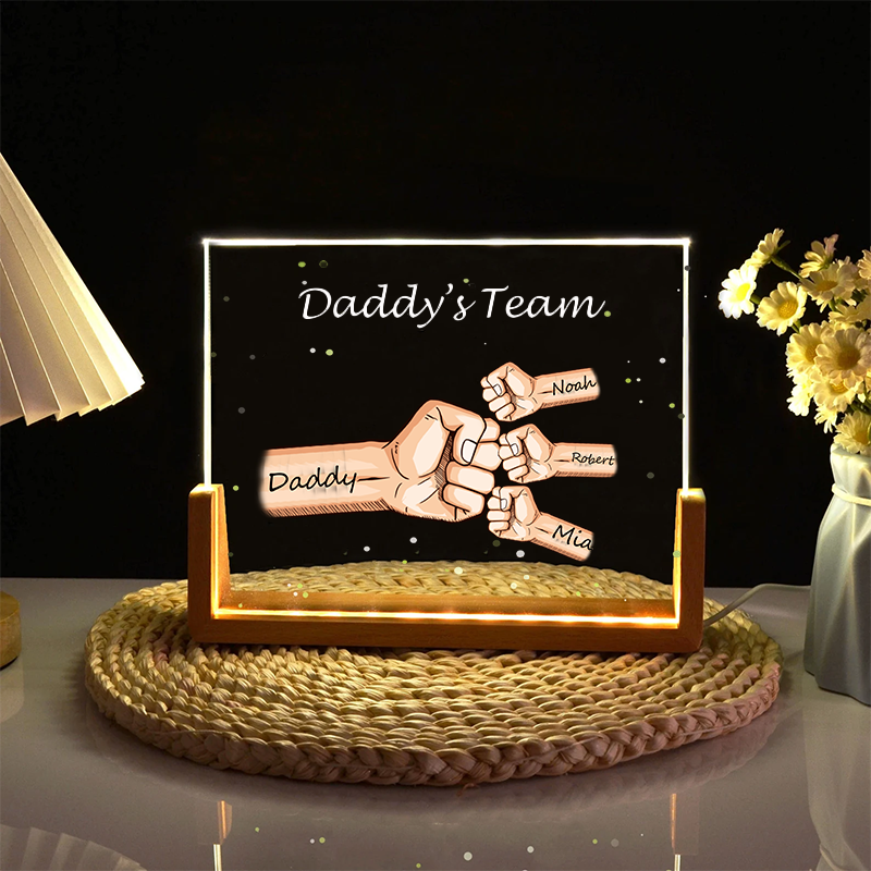 Custom Daddy's Team Fist Bump Acrylic Night Light with Kids Names Fathers Day Gift for Dad