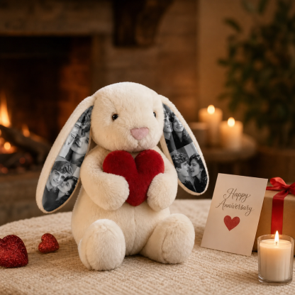 Personalized Photo Bunny Plush with Red Love Heart Custom Hidden Ear Picture Keepsake Stuffed Rabbit Anniversary and Valentine’s Day Gift for Couples