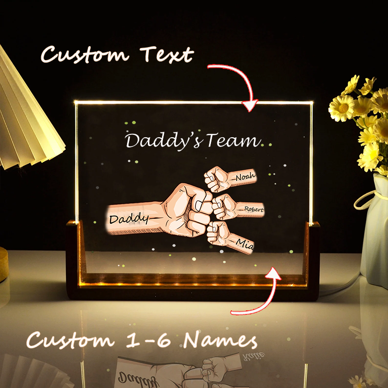 Custom Daddy's Team Fist Bump Acrylic Night Light with Kids Names Fathers Day Gift for Dad