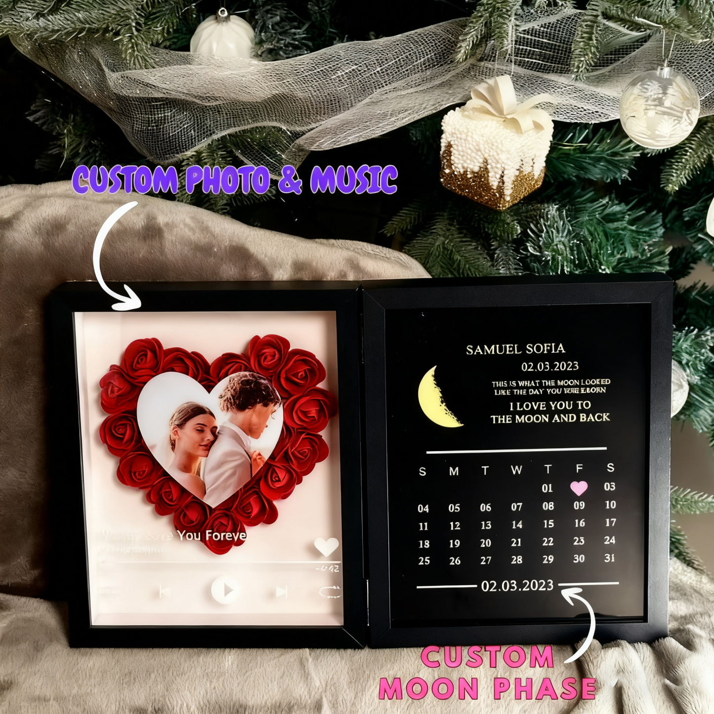 Personalized Photo Flower Shadow Box with Real Moon Phase Music Box Plays Music Anniversary Gift for Her