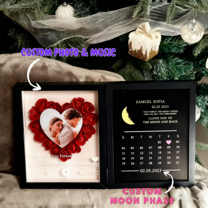 Personalized Photo Flower Shadow Box with Real Moon Phase Music Box Plays Music Anniversary Gift for Her