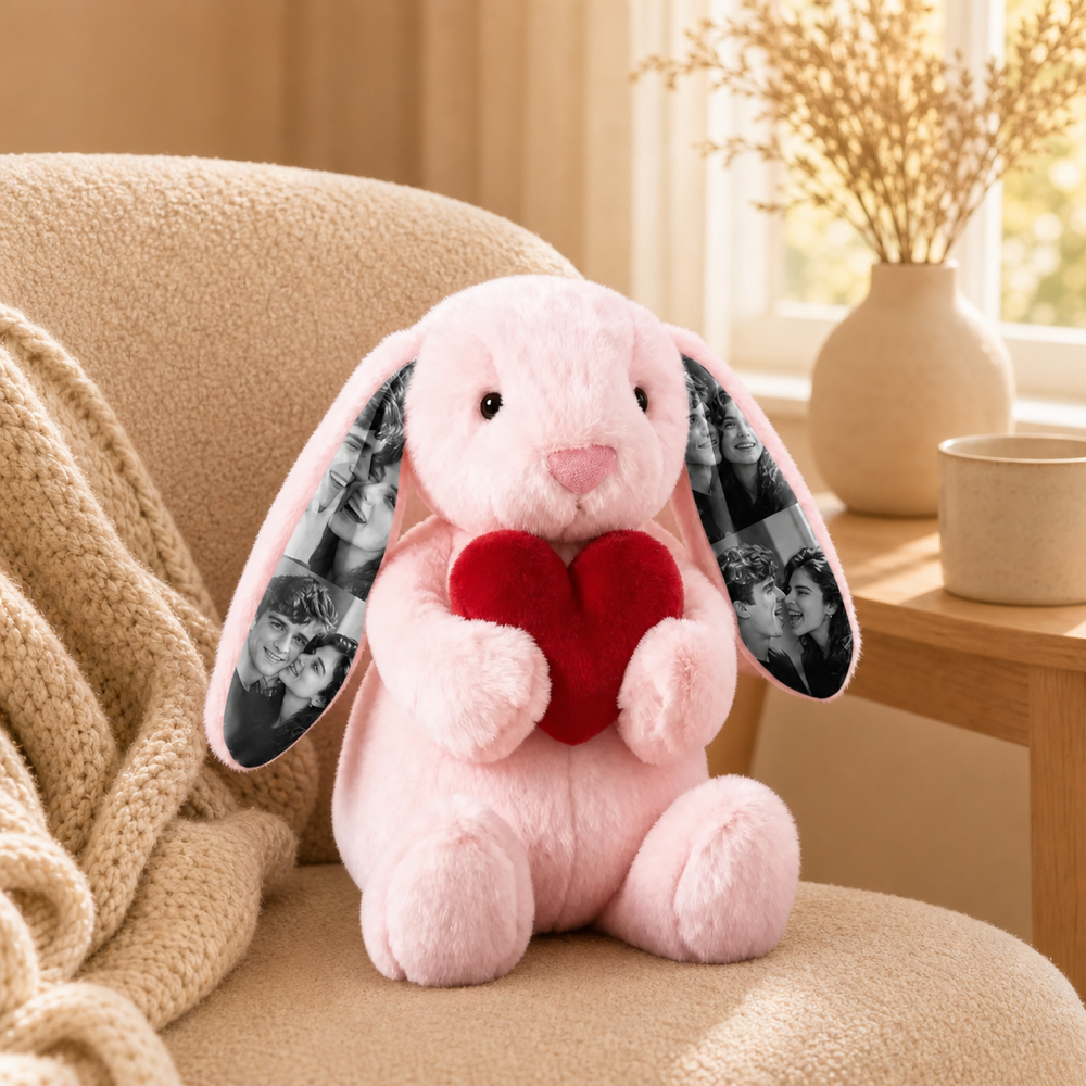 Personalized Photo Bunny Plush with Red Love Heart Custom Hidden Ear Picture Keepsake Stuffed Rabbit Anniversary and Valentine’s Day Gift for Couples