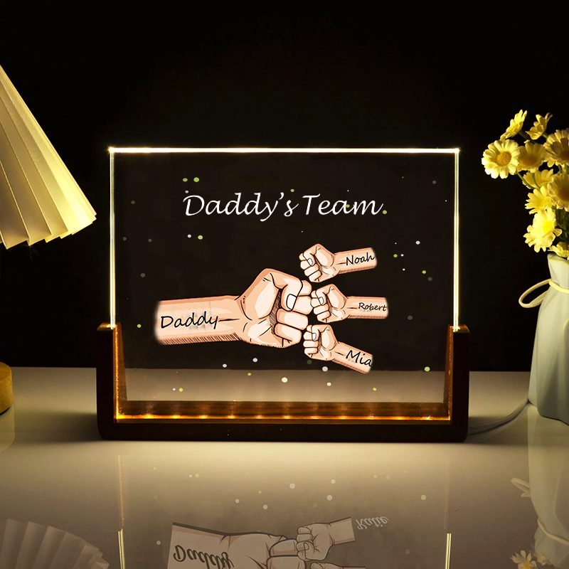 Custom Daddy's Team Fist Bump Acrylic Night Light with Kids Names Fathers Day Gift for Dad