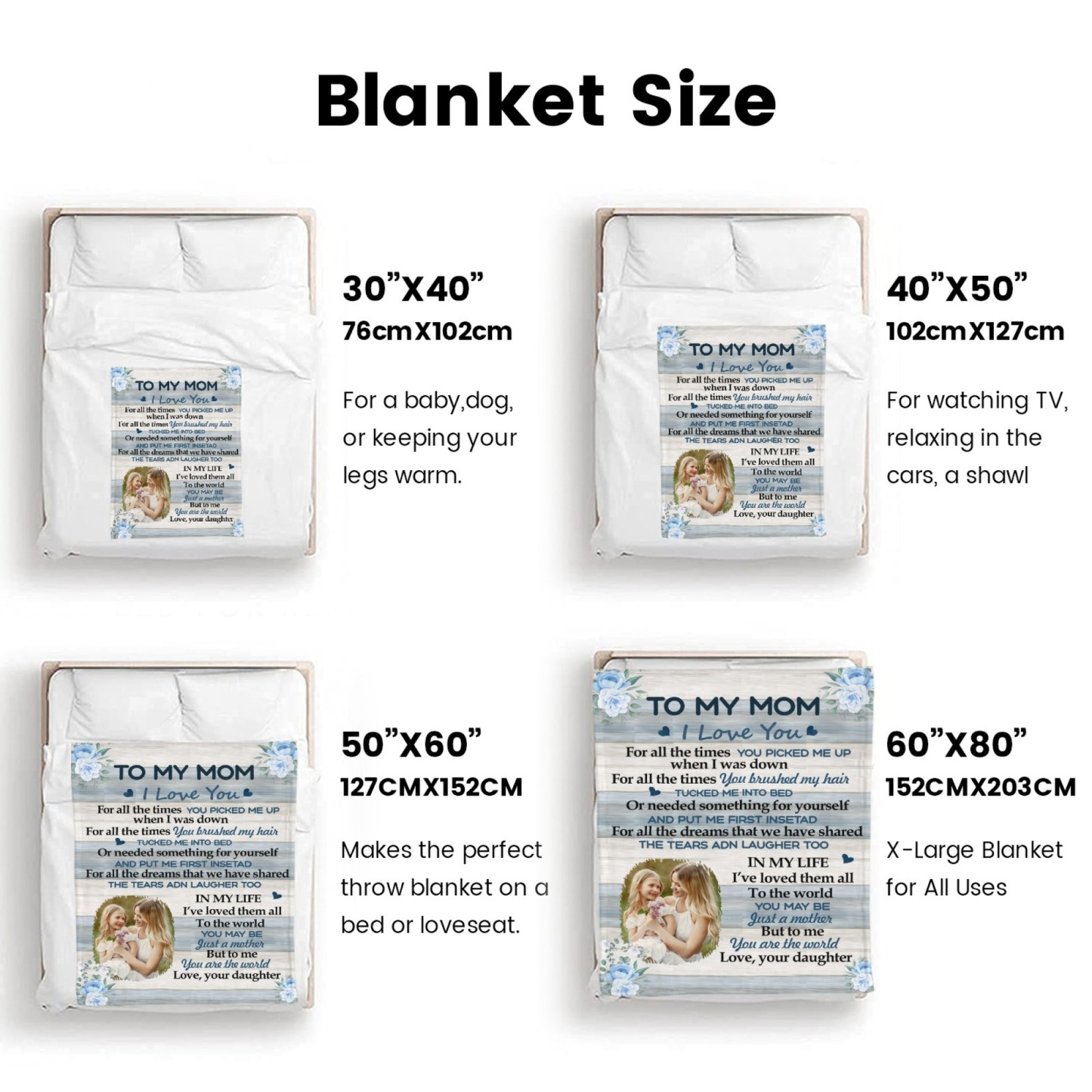 Custom Text Blankets Mother's Day Gifts Personalized Throw Blanket with Photos and Text