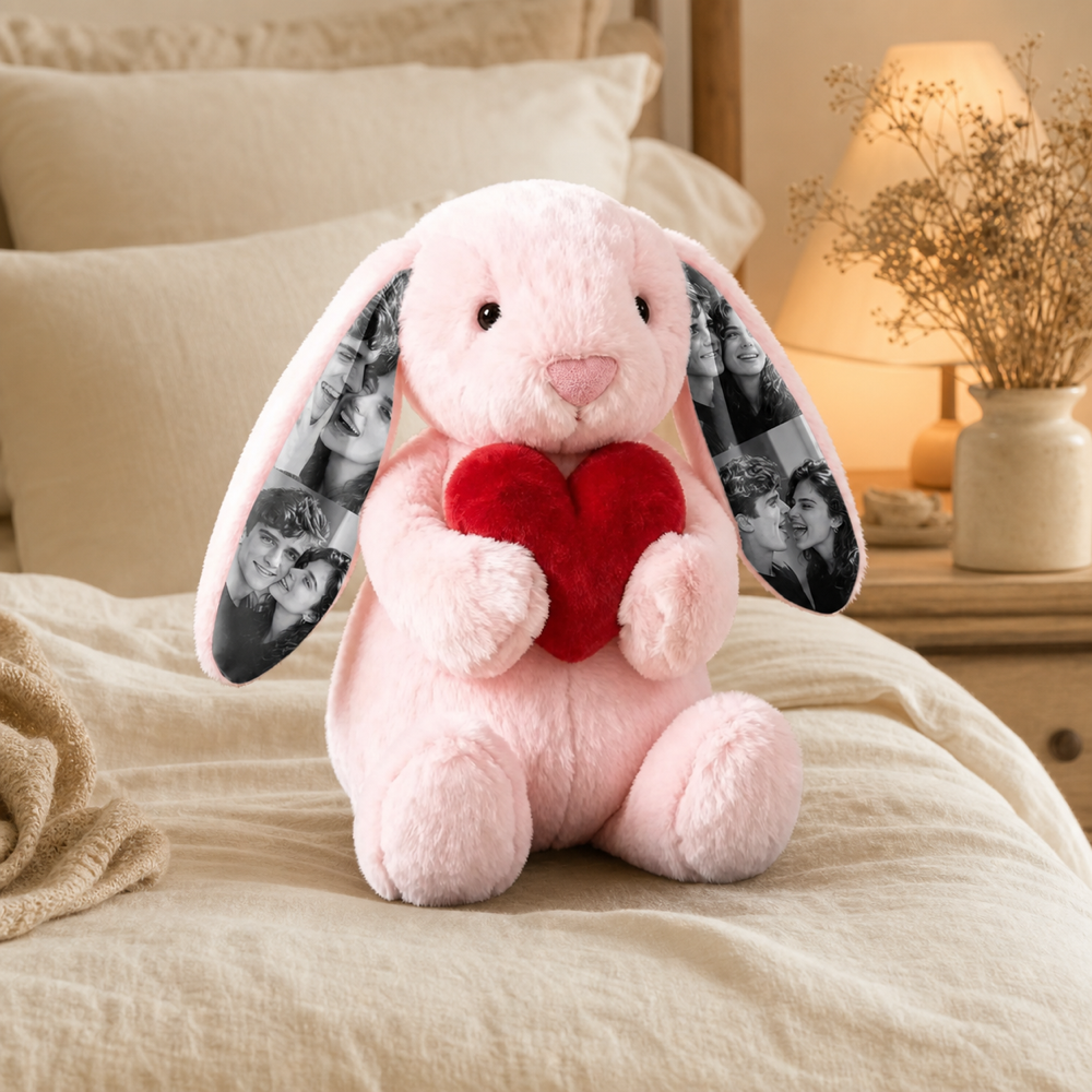 Personalized Photo Bunny Plush with Red Love Heart Custom Hidden Ear Picture Keepsake Stuffed Rabbit Anniversary and Valentine’s Day Gift for Couples