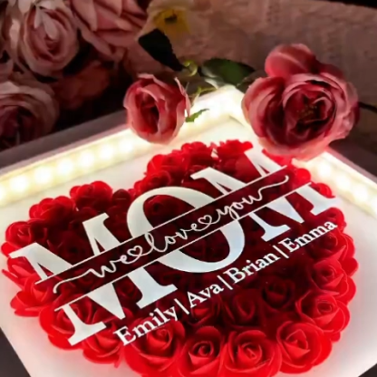 Personalized Mom Flower Shadow Box with Kids Name Custom Heart Rose Frame with LED Light Mother's Day Gift