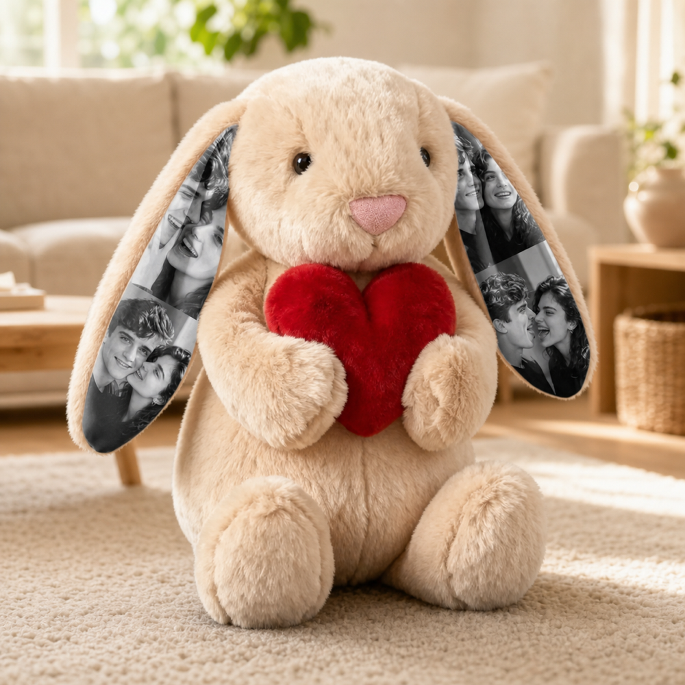 Personalized Photo Bunny Plush with Red Love Heart Custom Hidden Ear Picture Keepsake Stuffed Rabbit Anniversary and Valentine’s Day Gift for Couples