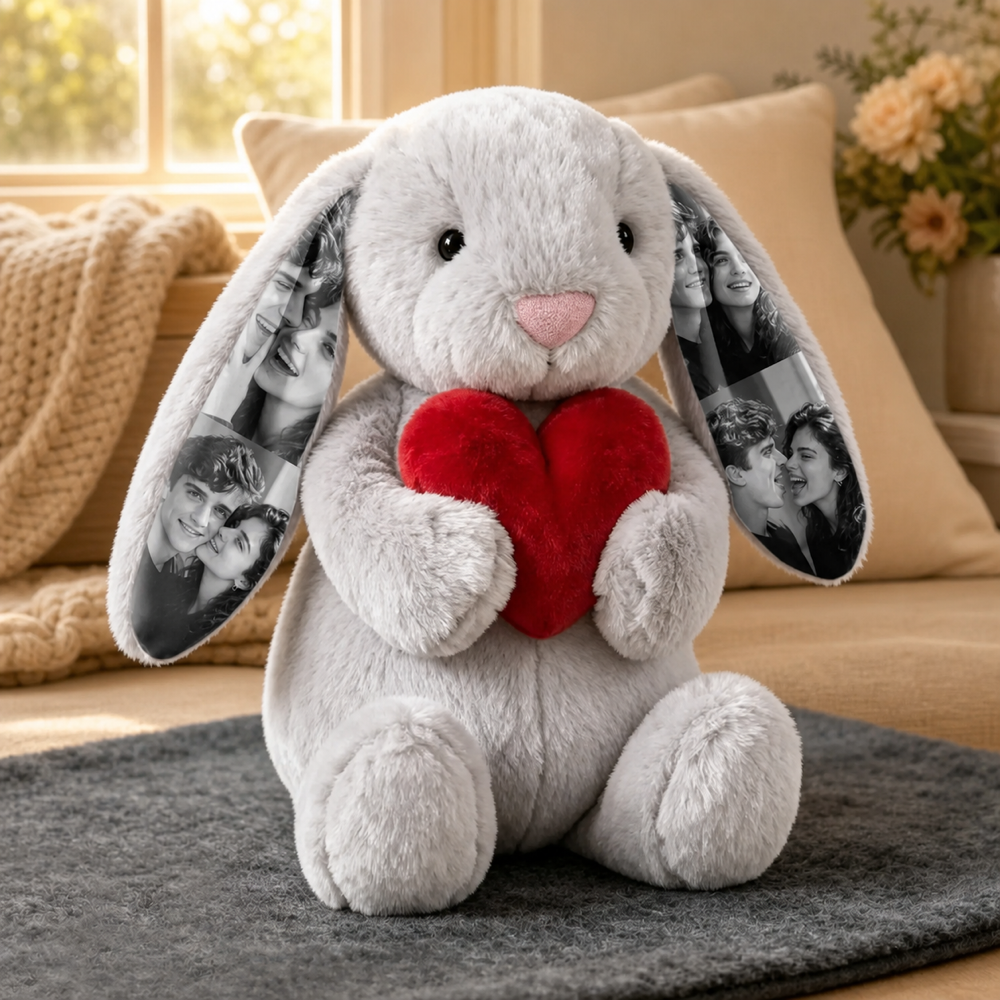 Personalized Photo Bunny Plush with Red Love Heart Custom Hidden Ear Picture Keepsake Stuffed Rabbit Anniversary and Valentine’s Day Gift for Couples