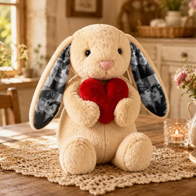 Personalized Photo Bunny Plush with Red Love Heart Custom Hidden Ear Picture Keepsake Stuffed Rabbit Anniversary and Valentine’s Day Gift for Couples