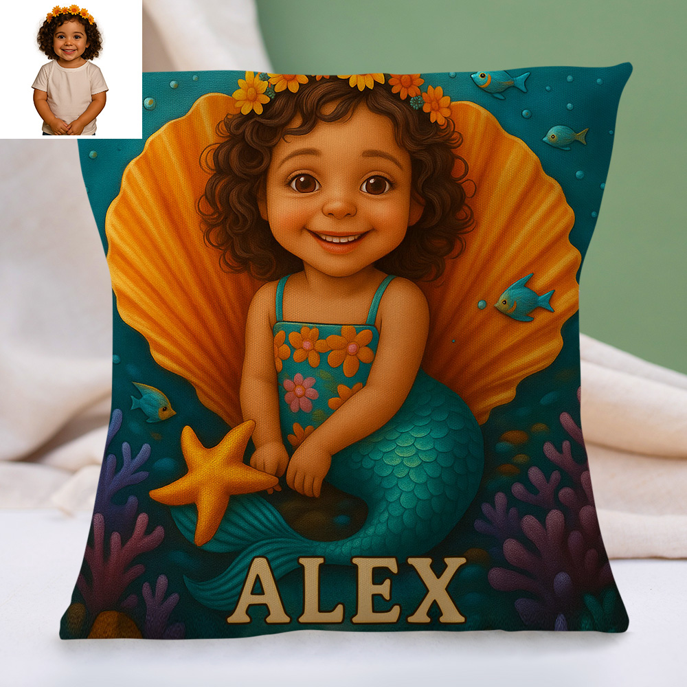 Custom Photo Cartoon Pillow with Name and Portrait Photo Personalized Cushion for Nursery or Kids Room Girls Gifts