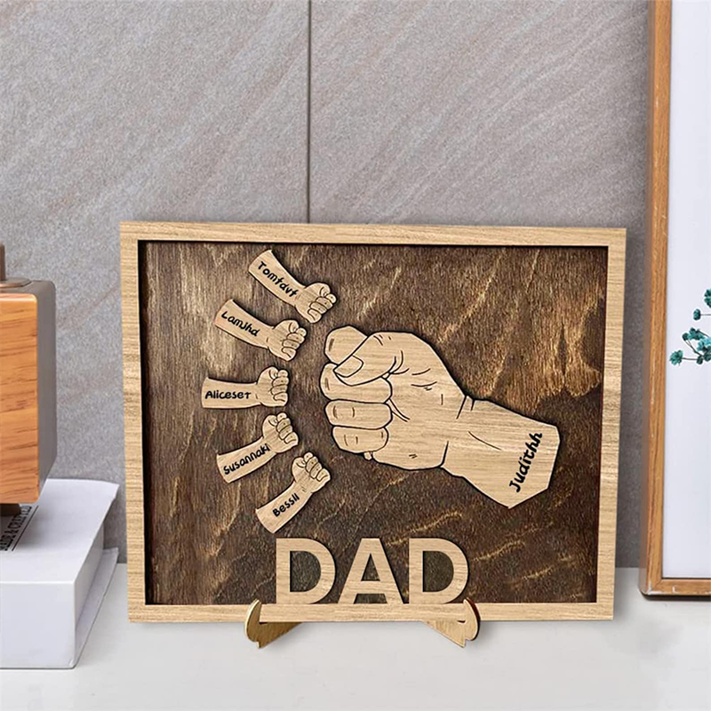 Custom Fist Bump Sign Dad and Kids Wooden Frame Personalized Name Fists Handprint Sign Family Gift Idea for Dad