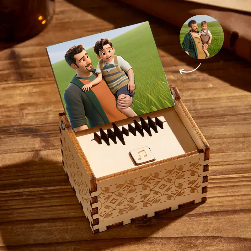 Custom Your Song and Portrait Photo Cartoon Style Music Box Can Play Whole Song Fathers Day Gifts