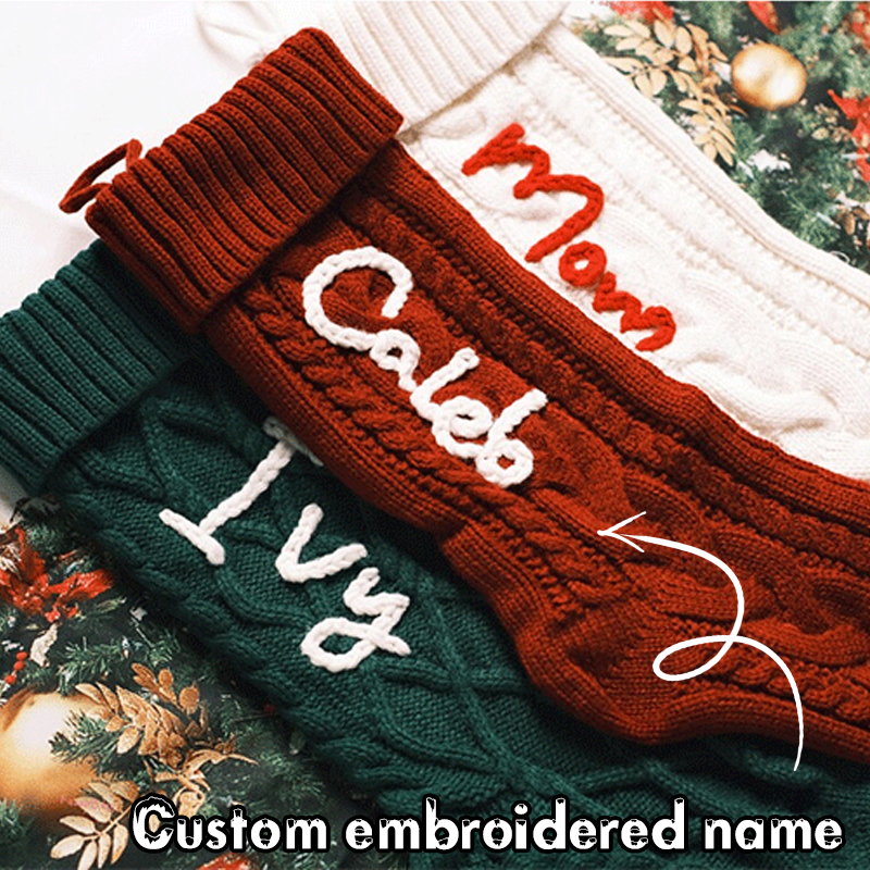 Handmade Personalized Name Hand Embroidered Christmas Stockings Custom Knit Socks Ornament with Name Family Xmas Gifts