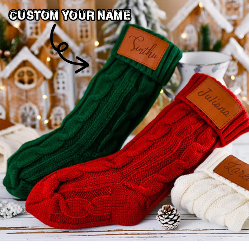 Personalized Name Leather Patch Christmas Sock Stockings Name Custom Knit Stockings Family Christmas Gifts