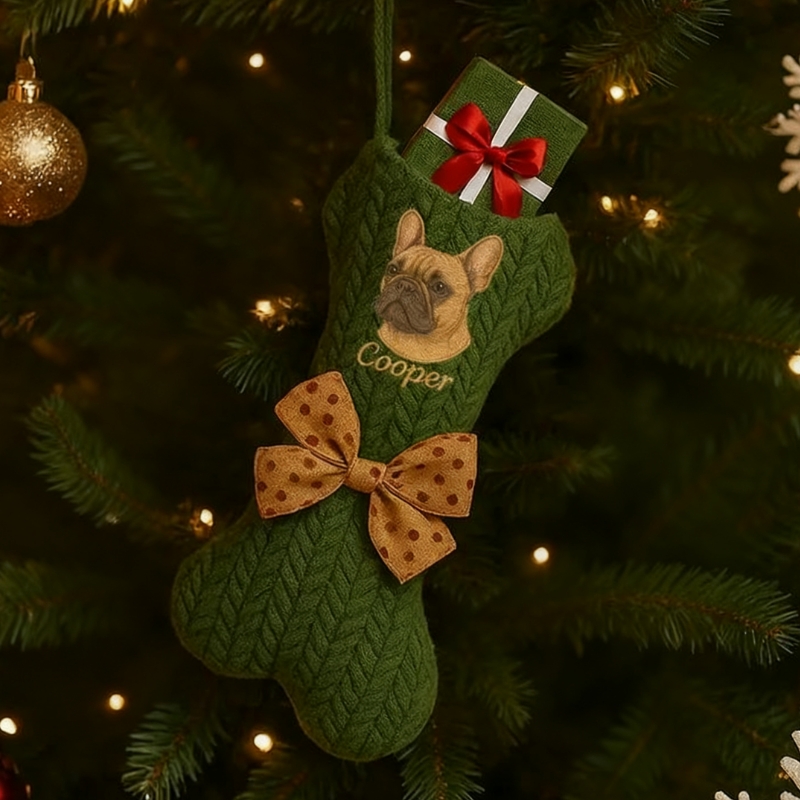 Personalized Pet Portrait Christmas Stocking Custom Dog Bone Knit Stoc