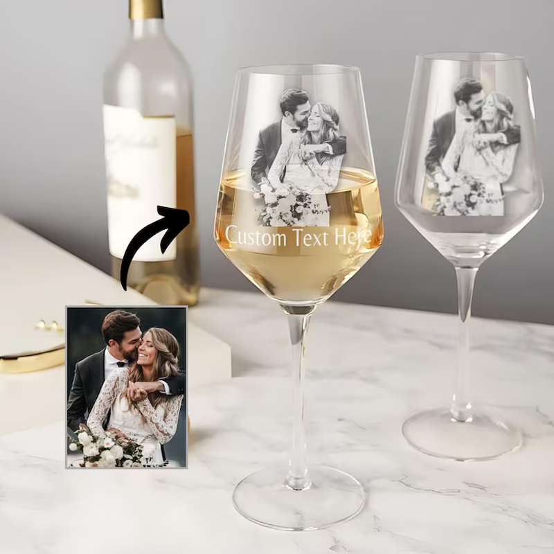 Custom Etched Photo Engraved Wine Glass Personalized Portrait Picture and Text Valentines Day Gifts