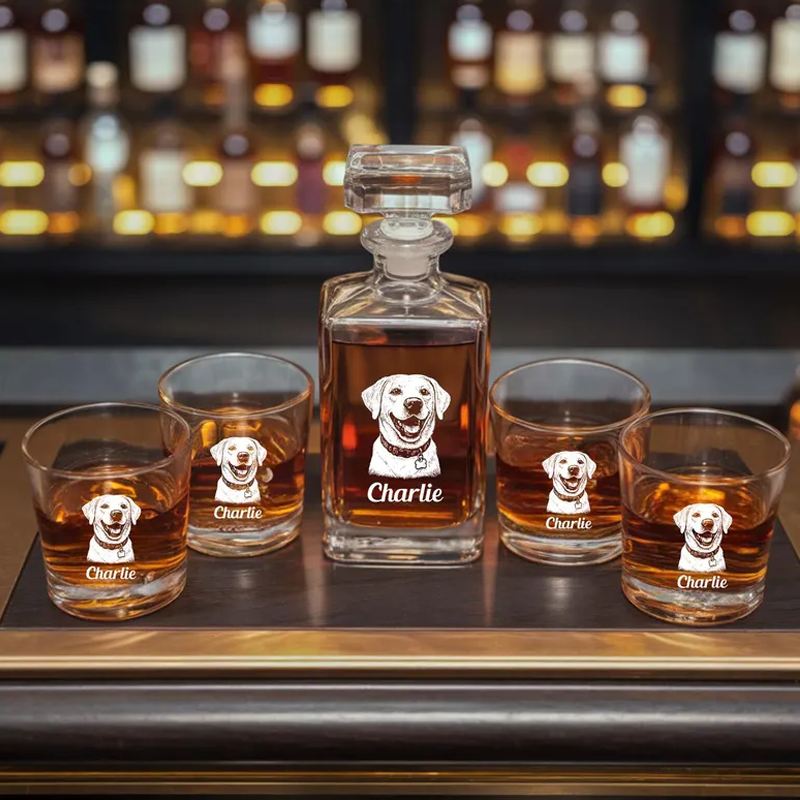 Custom Photo Etched Whiskey Decanter Set Personalised Laser Engraved Bourbon Bottle & Glasses Anniversary Gift for Him