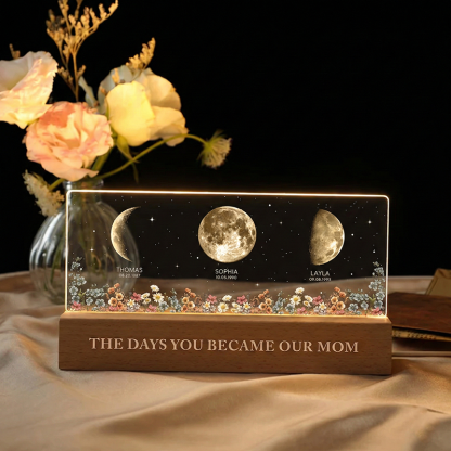 The Day You Become Mom/Grandma Moon Phase LED Night Light Custom Kids Names & Birth Date Lamp Mother's Day Gift for Mom and Grandma