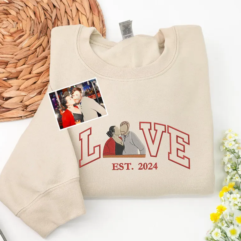 Custom Couple Embroidered Sweatshirt from Photo Personalized Picture Portrait Hoodie with Love and Est Year Couple Valentine Gifts