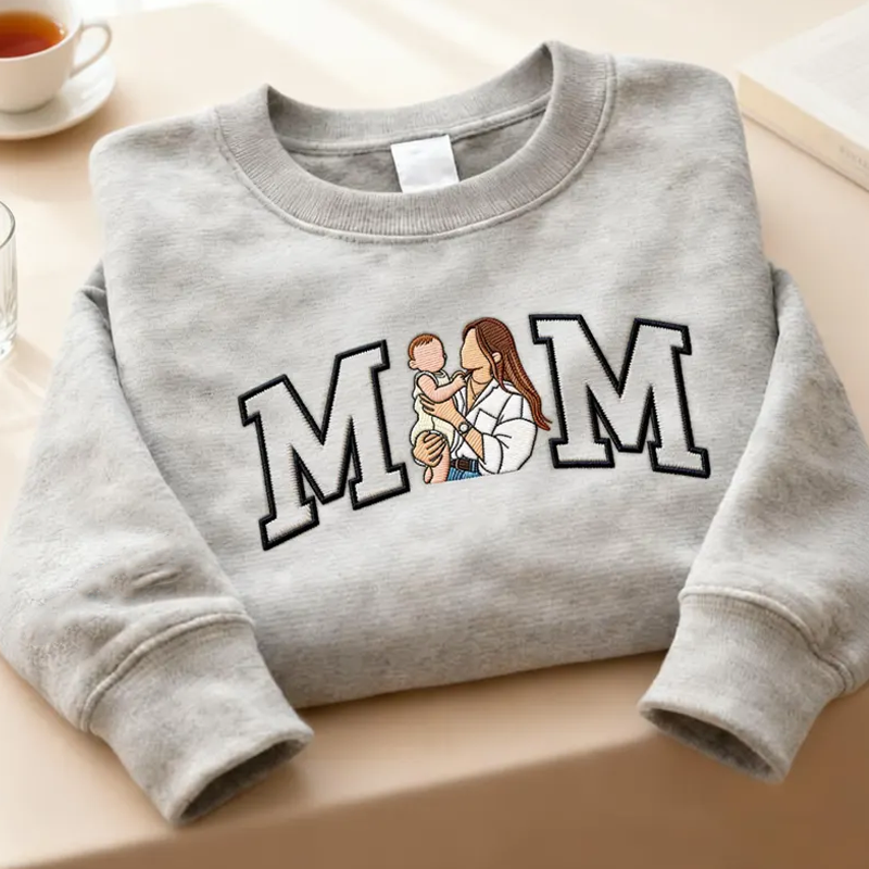 Personalized Embroidered Mama Portrait Sweatshirt Custom Embroidered Hoodie with Family Photo Mother's Day Gifts