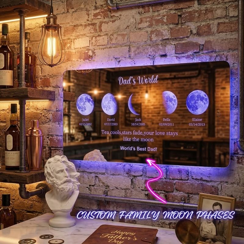 Custom LED Mirror Light Frame with Text and Date Personalized Moon Phase Mirror Lamp Dad's Universe Gift for Dad