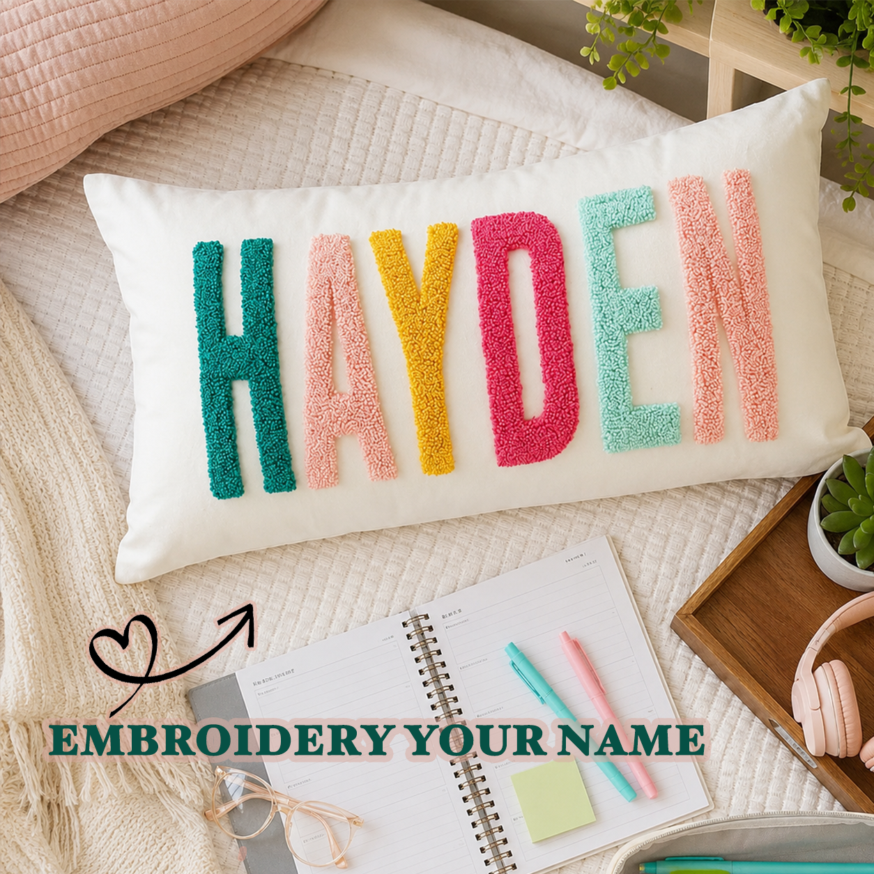 Finished Handmade Personalized Name Embroidered Pillow Back to School Gifts Punch Needle Dorm Decor Gift for Students