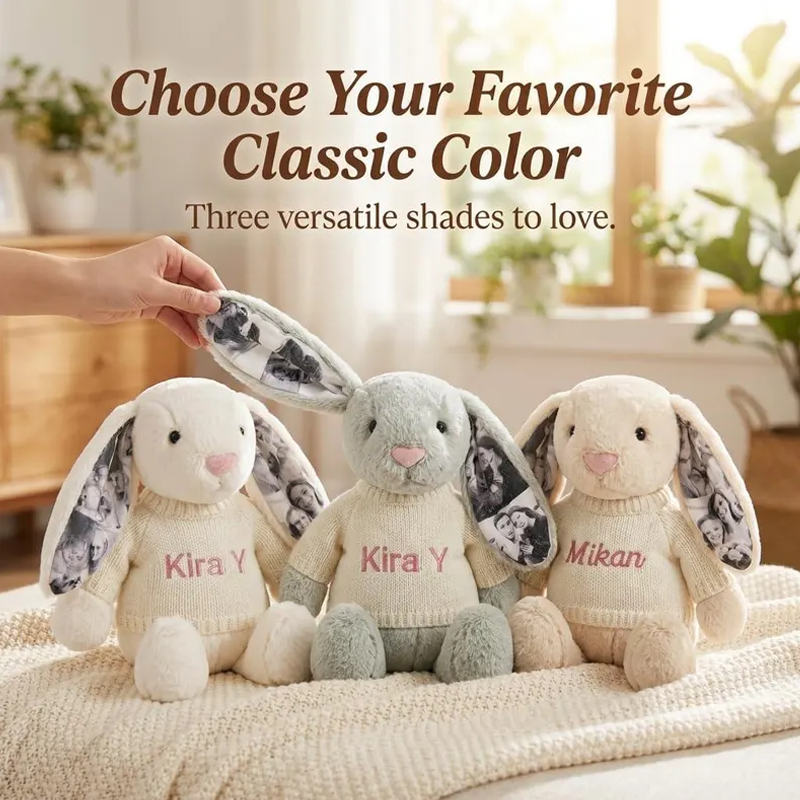 Personalized Photo Bunny Plush with Embroidered Name Sweater Custom Memory Stuffed Rabbit with 4 Photos Anniversary Gift for Couples