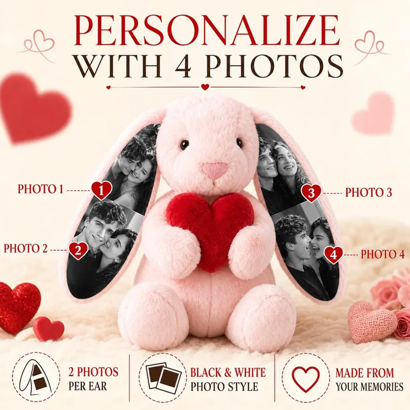 Personalized Photo Bunny Plush with Red Love Heart Custom Hidden Ear Picture Keepsake Stuffed Rabbit Anniversary and Valentine’s Day Gift for Couples