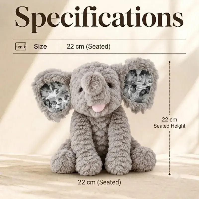 Personalized Photo Elephant Plush with Embroidered Name Custom 8 Pictures Ear Stuffed Elephant Anniversary Gift for Couples